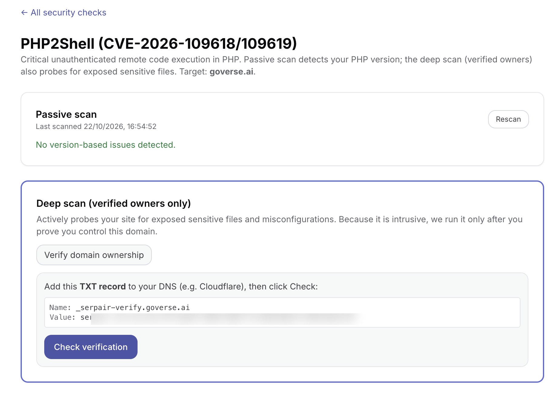 Serpair's domain-ownership step showing the DNS TXT record to add before the deep scan is unlocked (the token value is redacted).