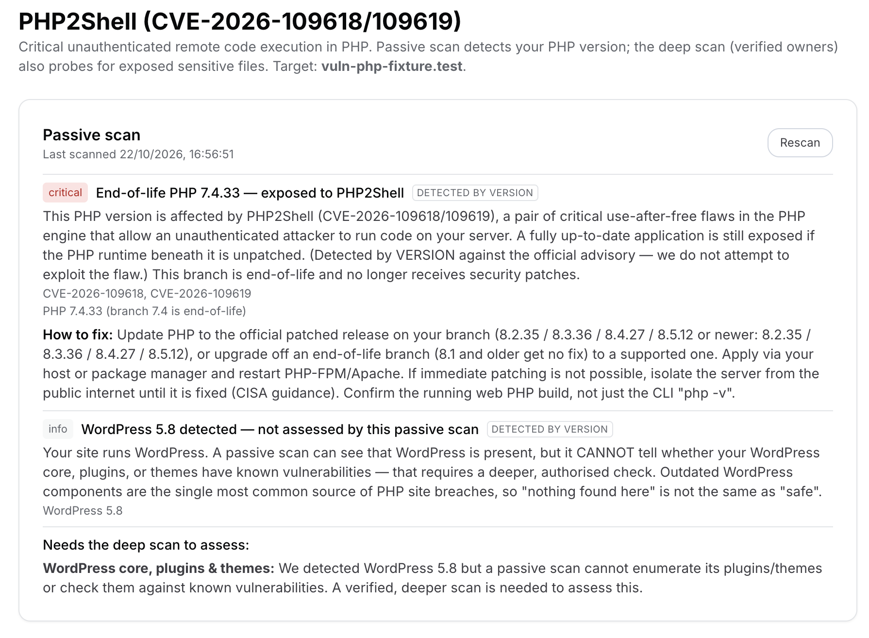 Serpair's passive PHP2Shell check showing a critical result for an end-of-life PHP 7.4 server, labelled "detected by version", with the exact patched versions to upgrade to.